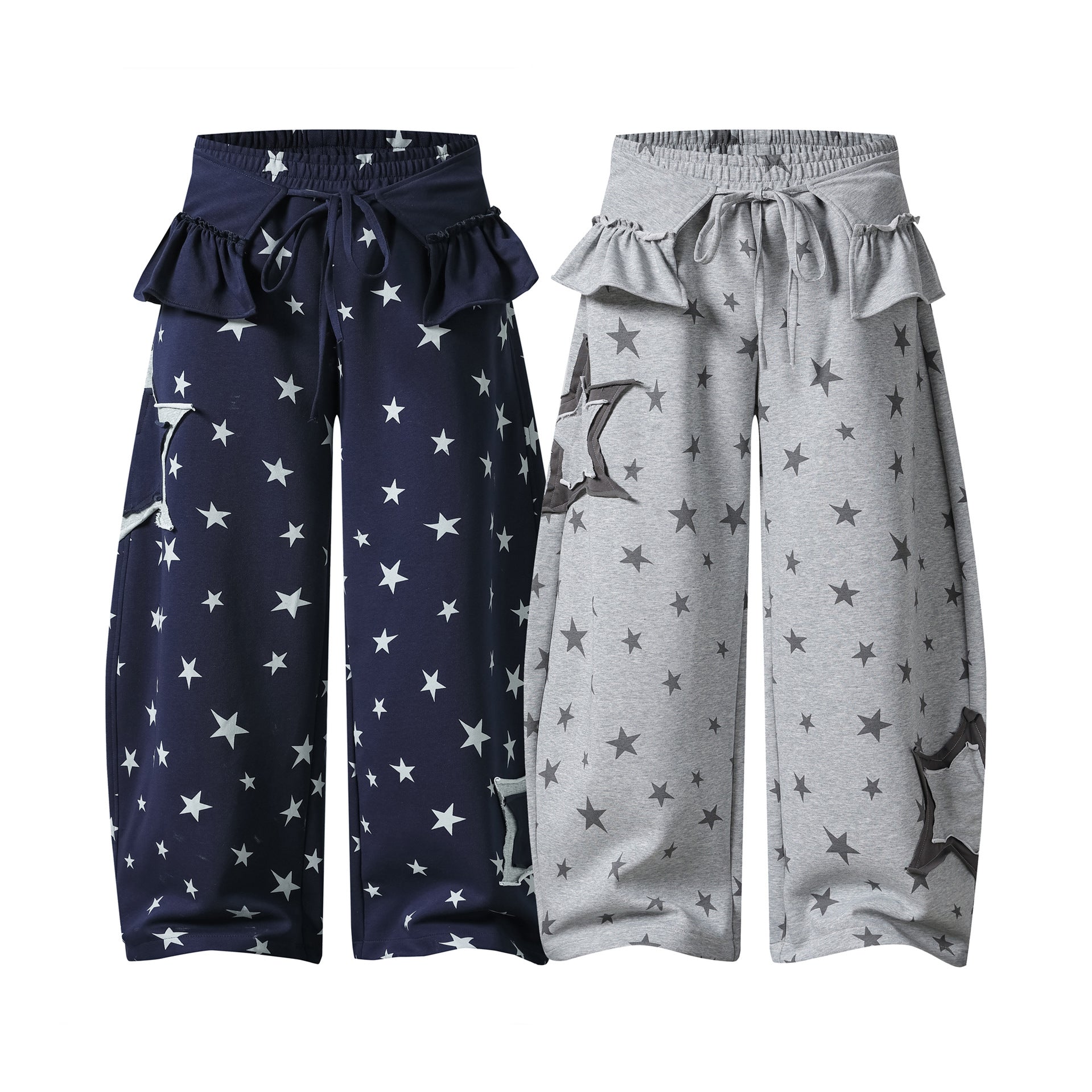 Design Leaf Hem Waist Star Print Sweatpants Loose Wide Leg Casual Long Pants