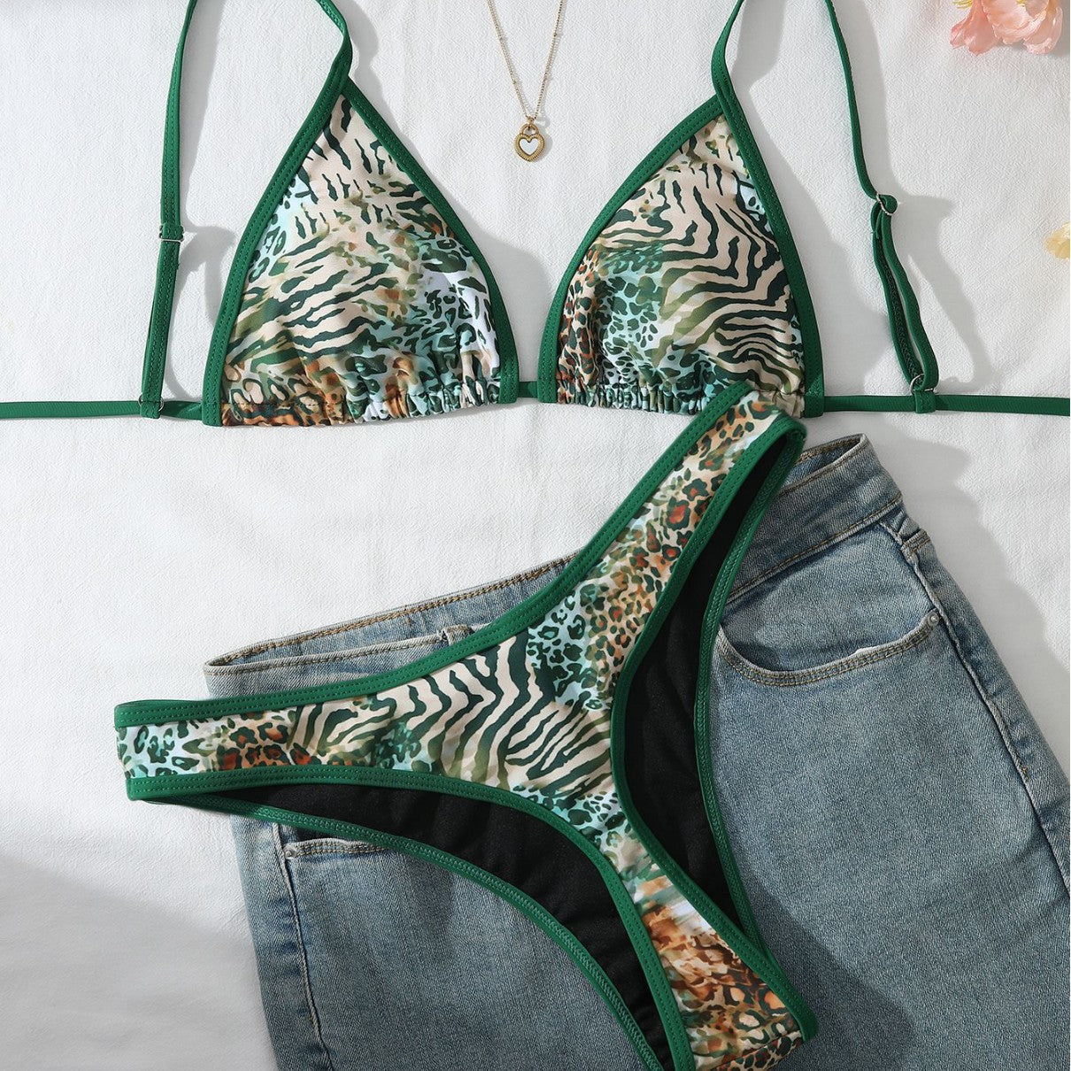 Green leopard print sexy bikini slimming two-piece swimsuit set