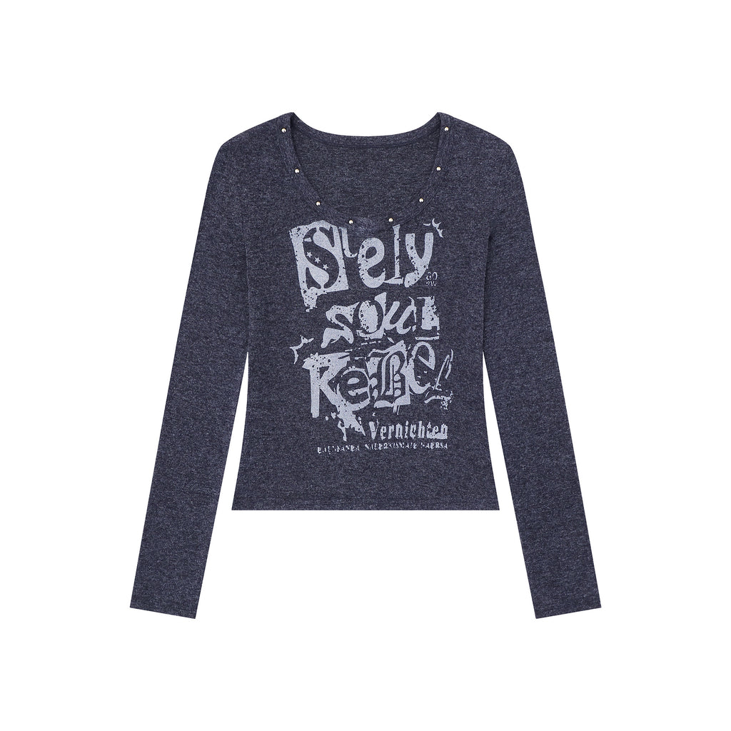 Crop top manches longues clous lettres col U femme