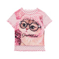 Sweet Style Cartoon Graffiti T-Shirt Color-Blocked Grid Ruffle Fitted Top