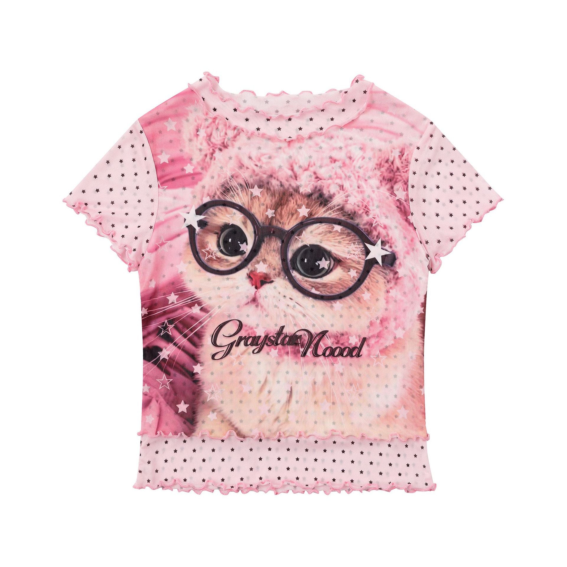 Sweet Style Cartoon Graffiti T-Shirt Color-Blocked Grid Ruffle Fitted Top