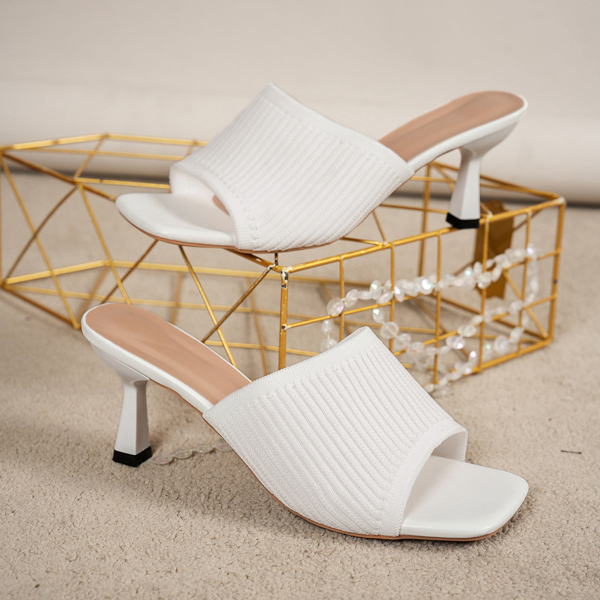 European and American Style Women's Large Size High Heel Sandals Pure Color Thick Heel Square Toe Knitted Wide Strap One-Word Sandals