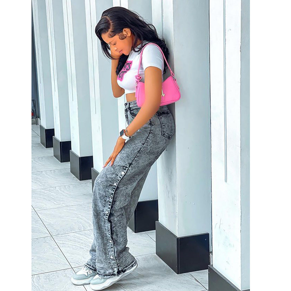 Women's Fashion High-Waisted Side Slit Single-Button Casual Jeans Pants