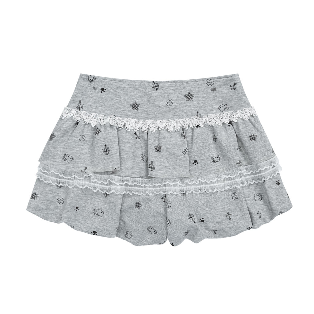 High Street Cartoon Print Lace Skirt Pants with Bow Decoration, Loose Slimming Sweet Girl Pants