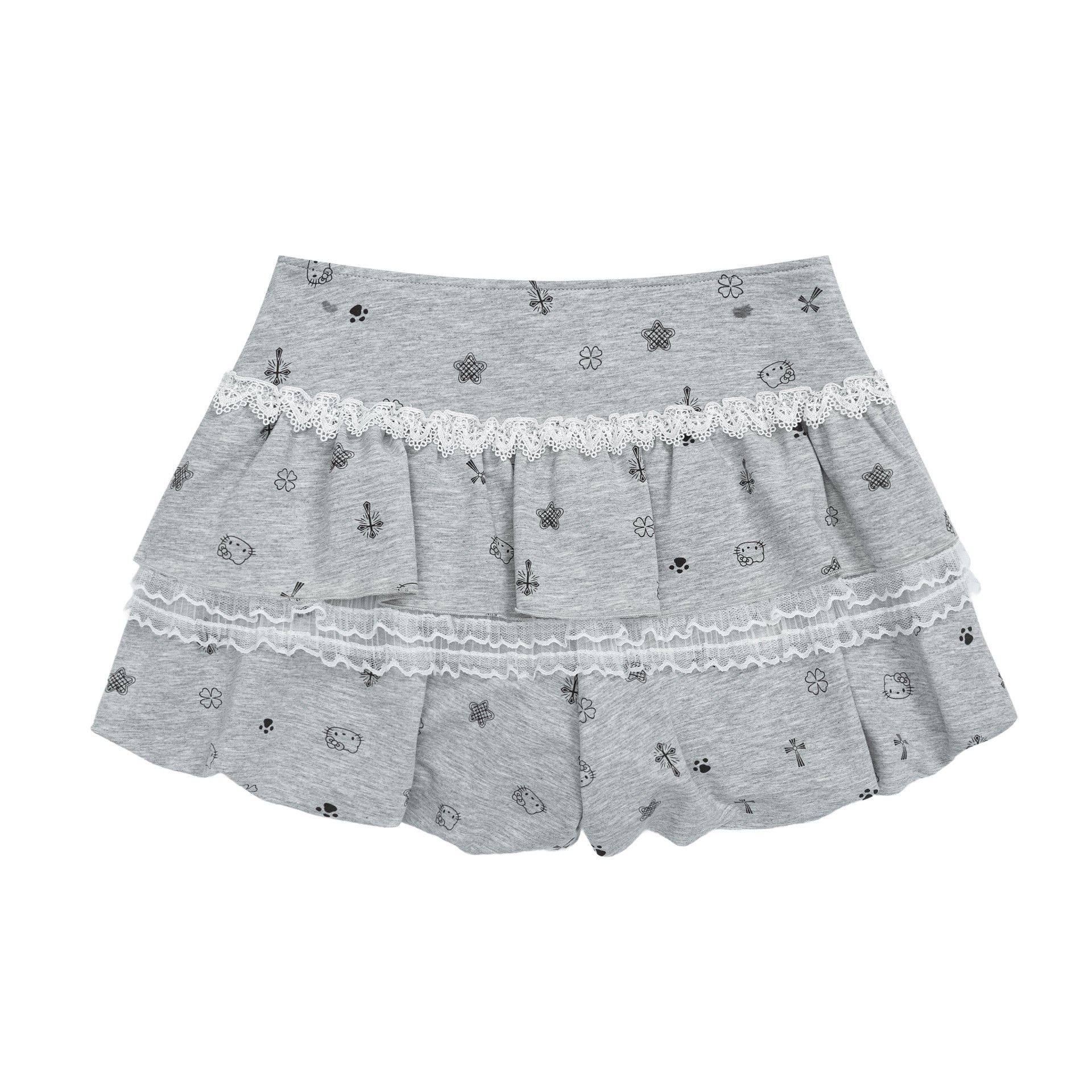 High Street Cartoon Print Lace Skirt Pants with Bow Decoration, Loose Slimming Sweet Girl Pants