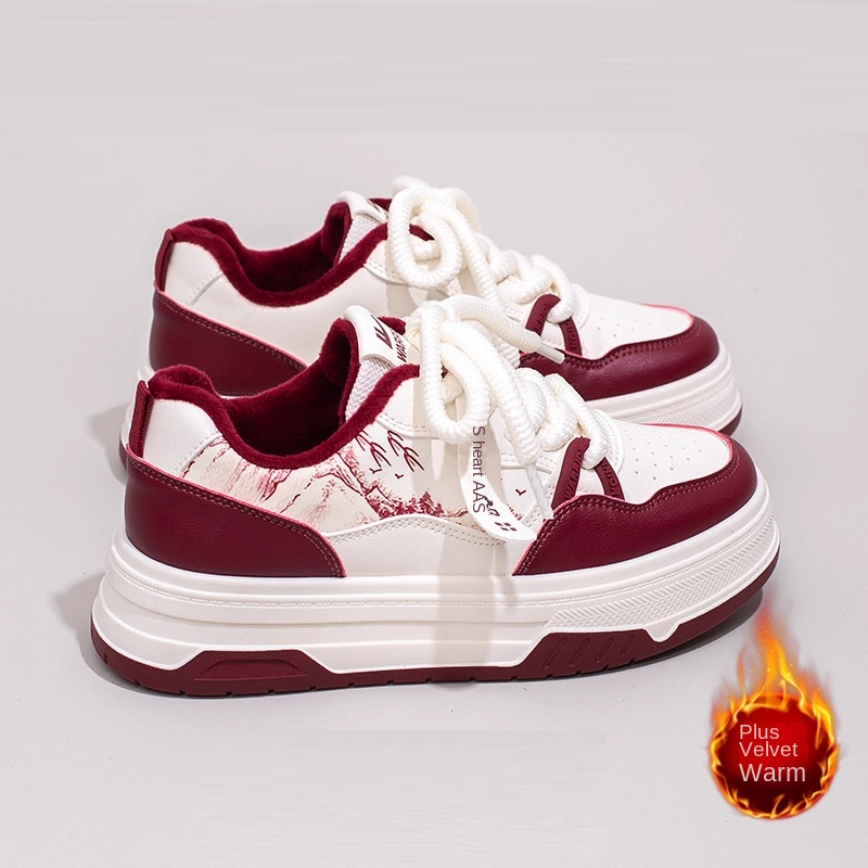 Retro red landscape printed board shoes with cross straps and thick soles