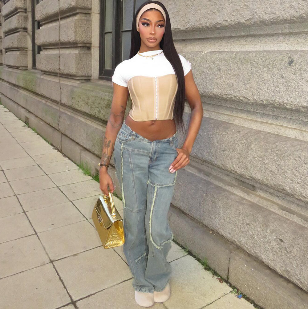 Jean dégradé patchwork coloré streetwear femme