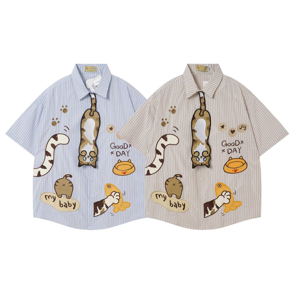 Cat Fishing Embroidered Short Sleeve