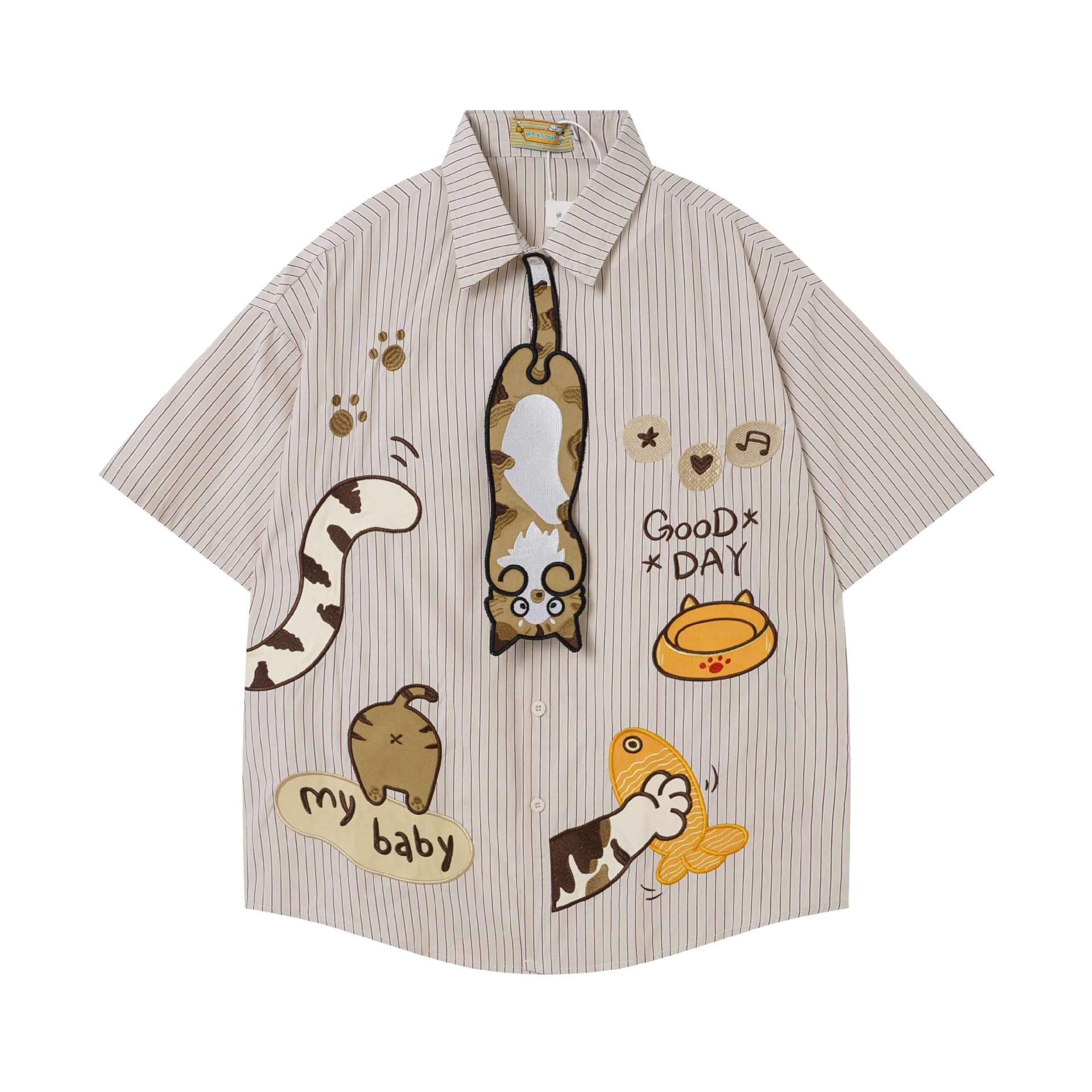 Cat Fishing Embroidered Short Sleeve