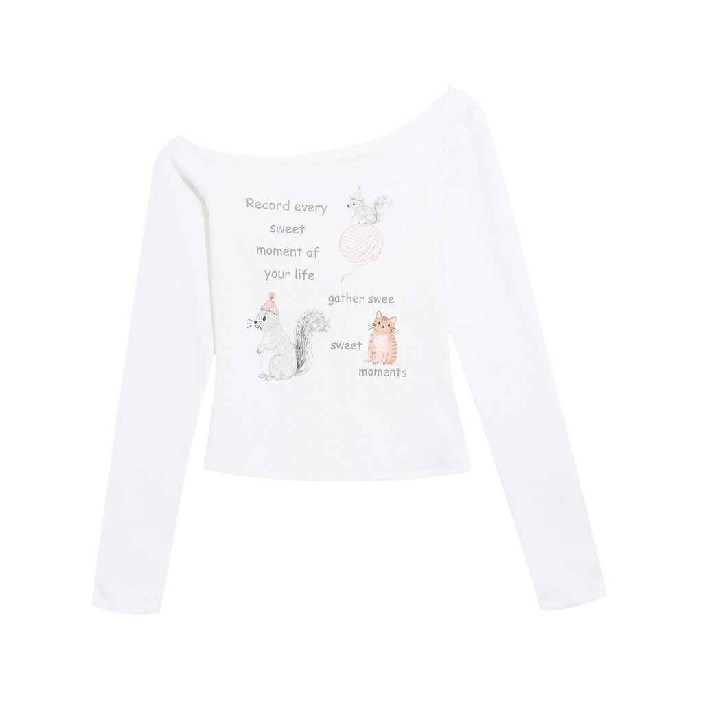 T-shirt imprimé cartoon épaule dénudée slim femme
