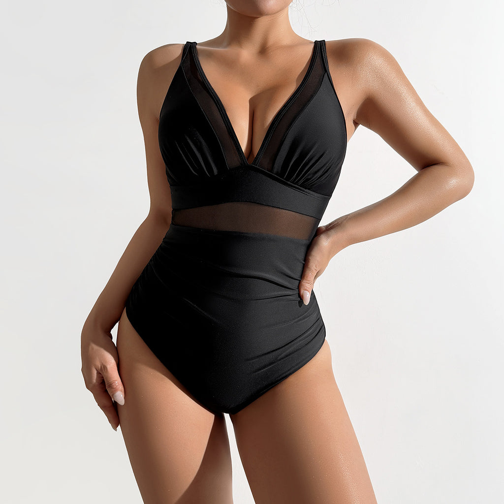 Deep V-mesh splicing one-piece swimsuit