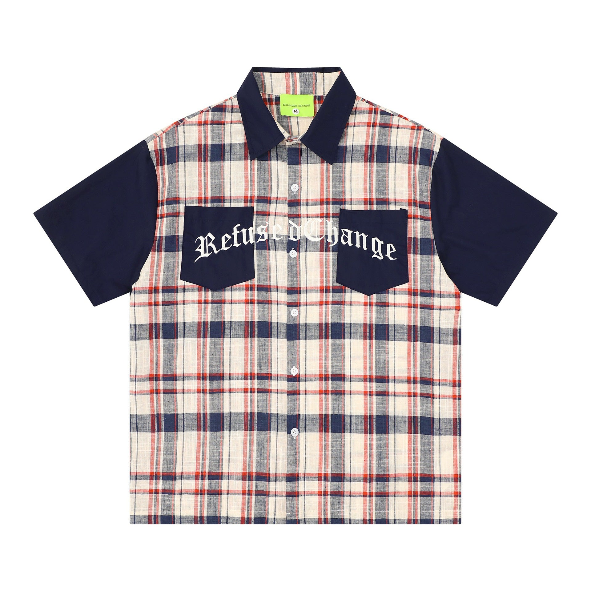 Alphabet Embroidered Checkered Splicing Short Sleeve