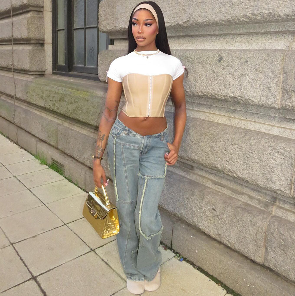 Jean dégradé patchwork coloré streetwear femme