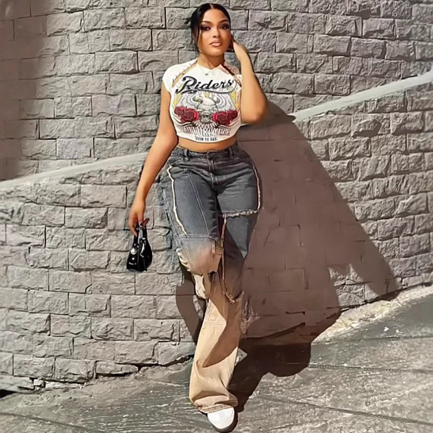 Jean dégradé patchwork coloré streetwear femme