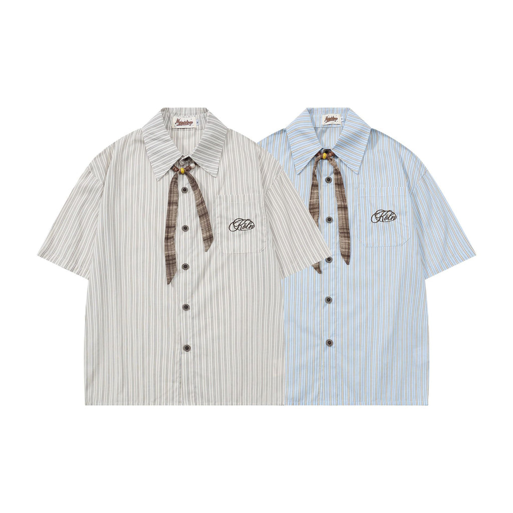 Plaid bow tie embroidered letter short sleeved shirt