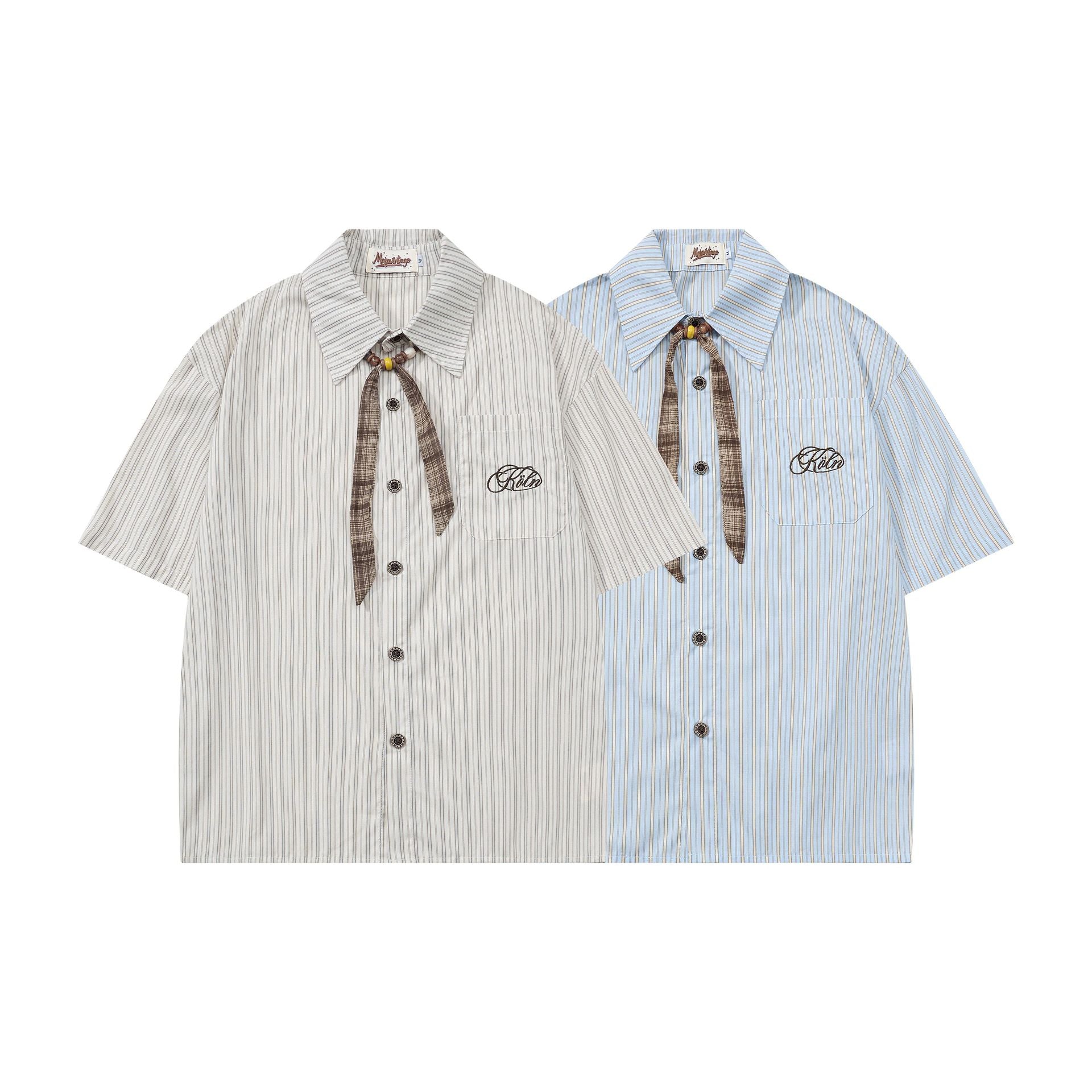 Plaid bow tie embroidered letter short sleeved shirt