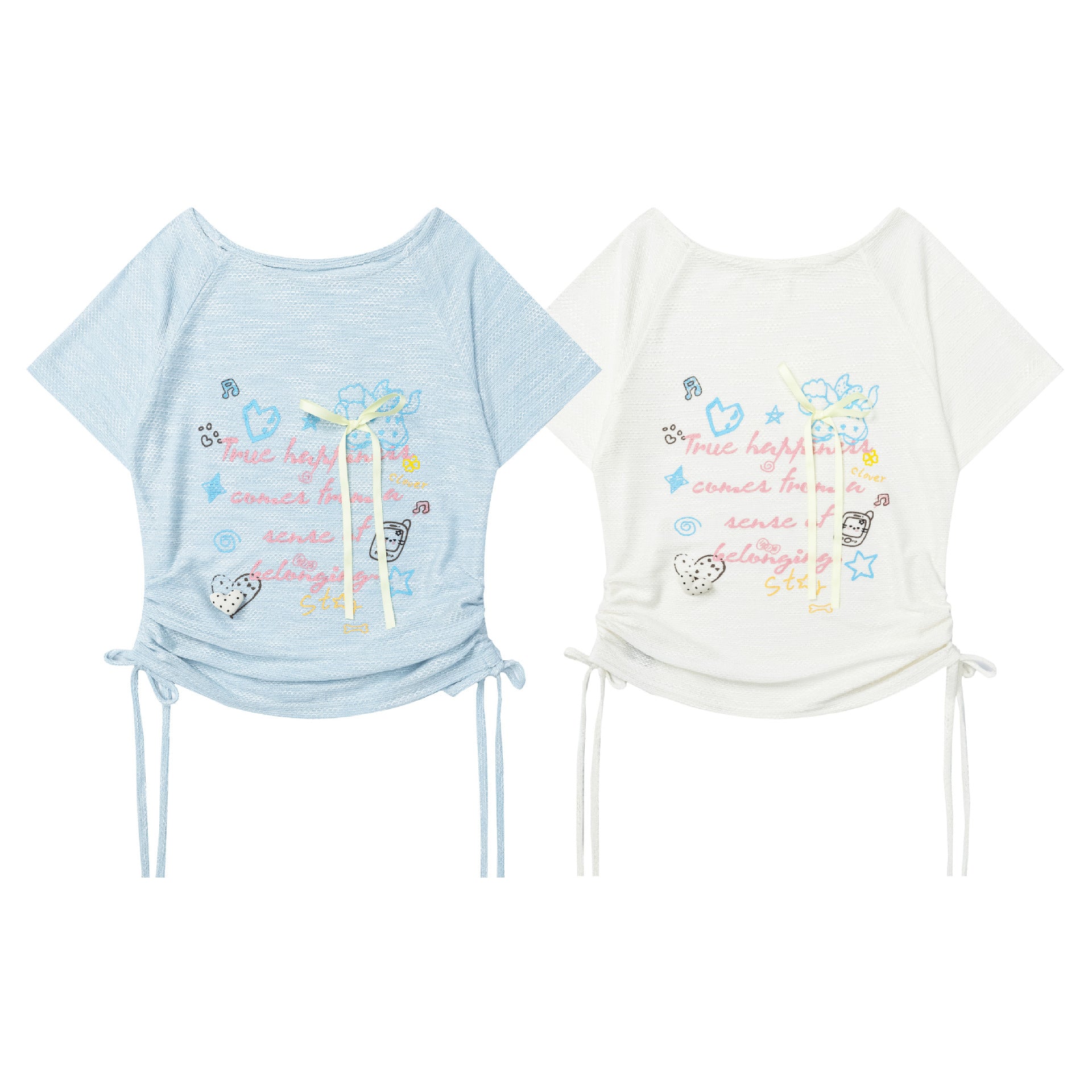 Print Drawstring Short Sleeve T-Shirt for Women, Heart Pin Sweet Style Cropped Top