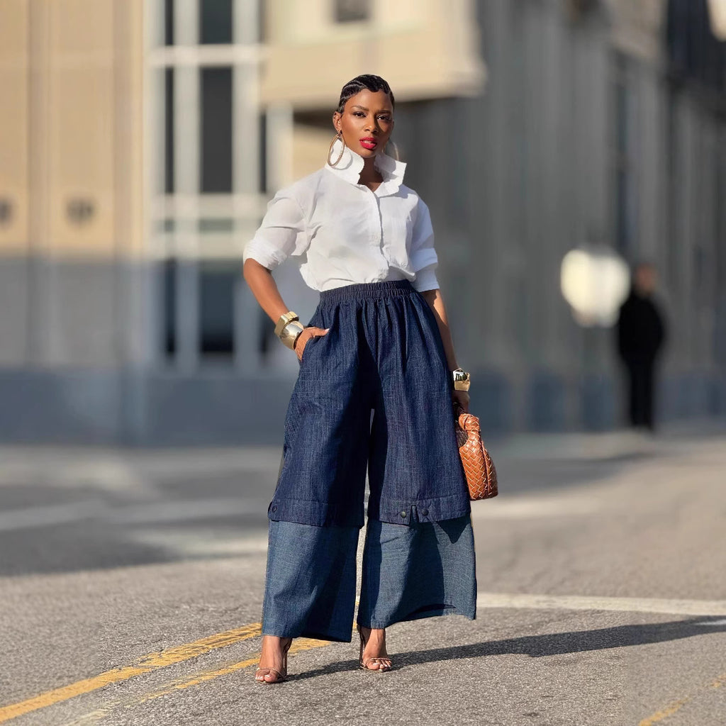 Street Style Patchwork Color-Blocking Wide-Leg Jeans