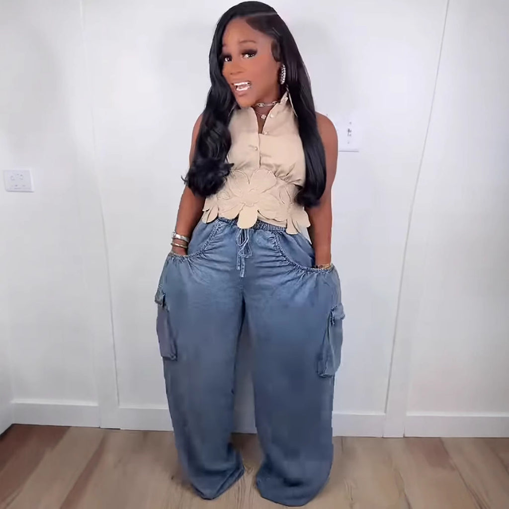Jean droit taille élastique multi-poches femme casual