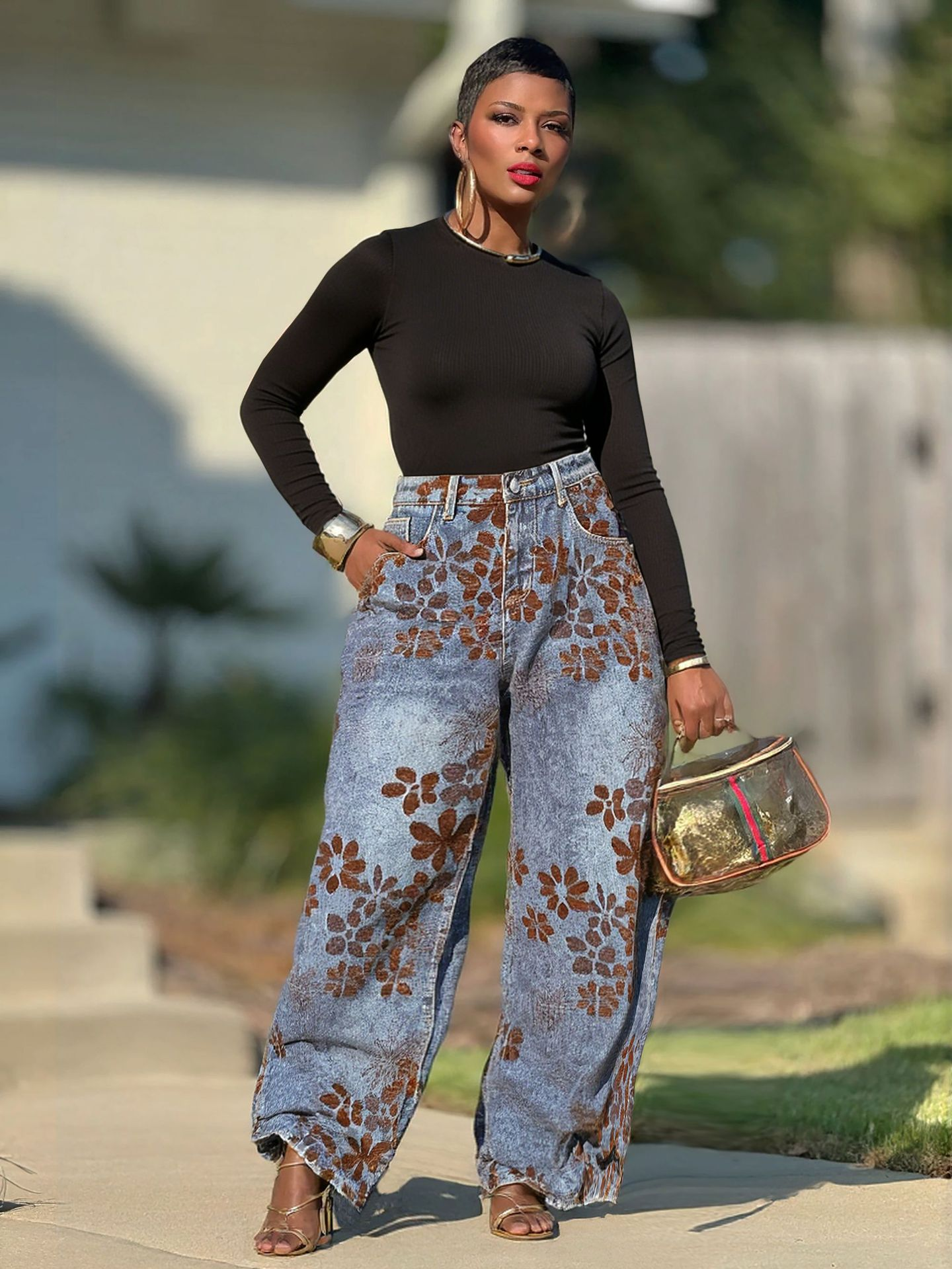 Washed Vintage Flocked Floral Knife-Edge Women's Jeans