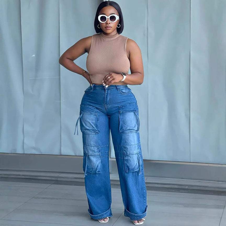 High-Waisted Women's Denim Pants, Fashionable Straight Leg Cargo Casual Trousers