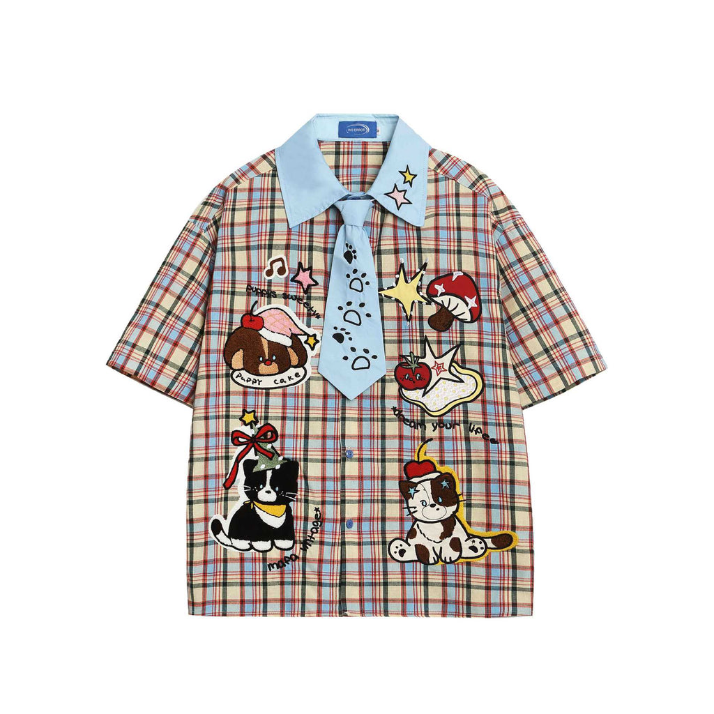 Cat embroidery plaid short sleeved shirt