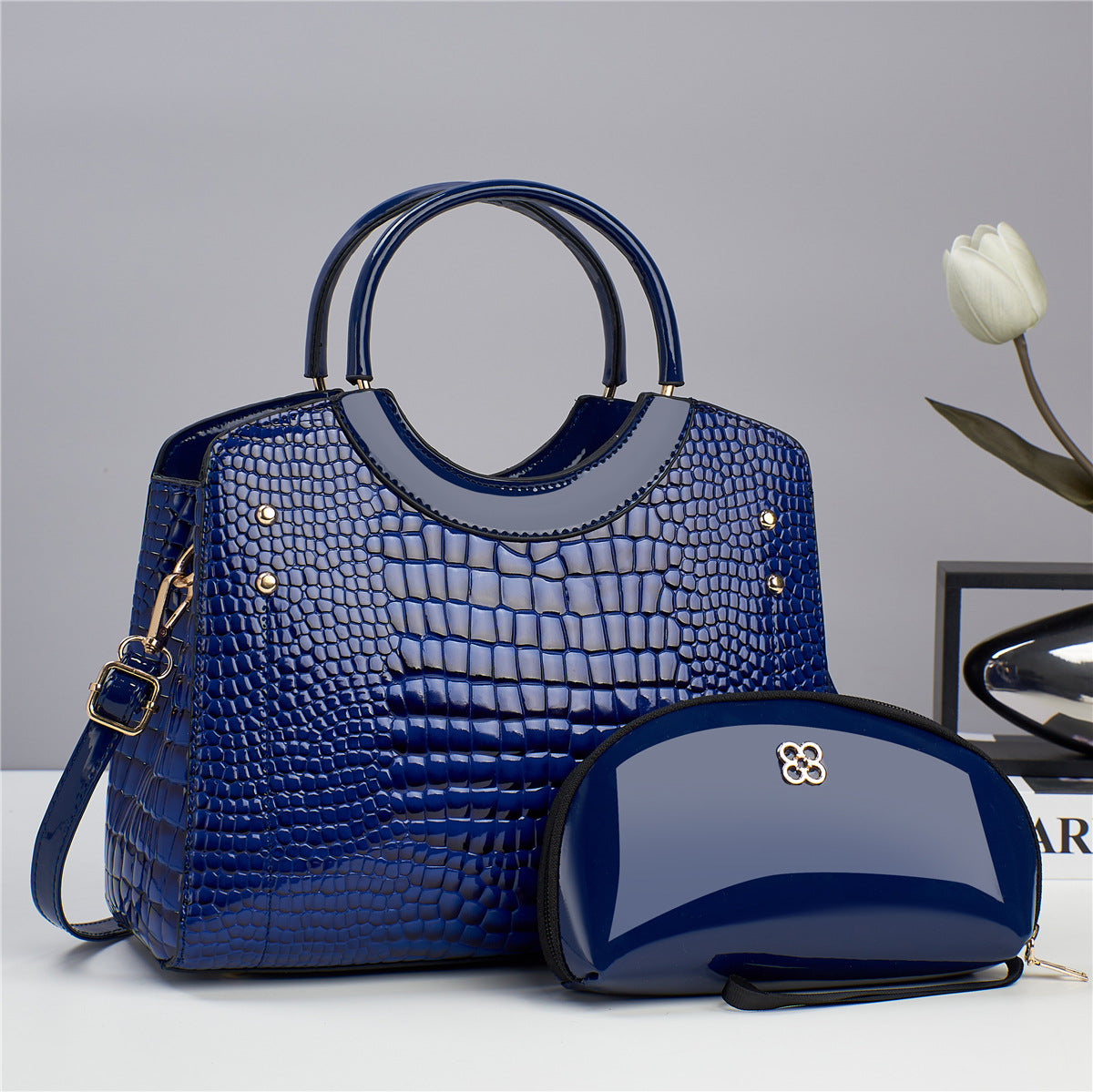 Handbag snake patterned mother and child bag shiny leather platinum bag