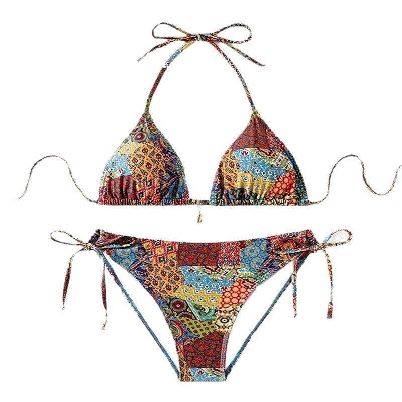 Hanging neck printed lace up split swimsuit