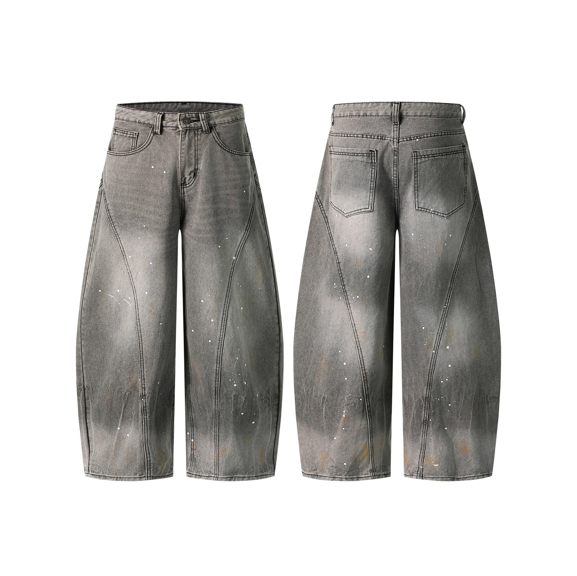 Heavy Wash Gradient Splatter Denim Pants Loose Wide Leg Patchwork Cut Versatile Long Pants
