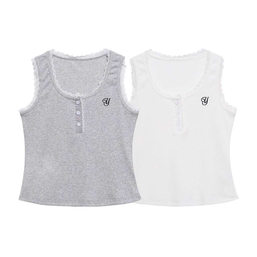 Lace Trim U-Neck Vest Slim Fit Versatile Henley Sleeveless Inner Top
