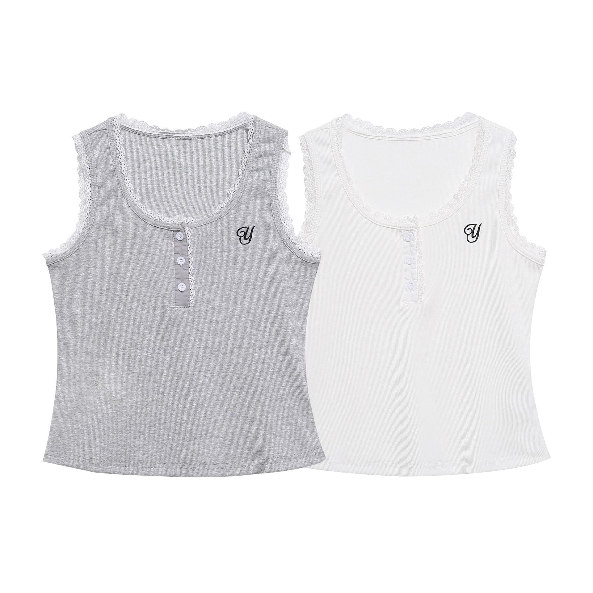 Lace Trim U-Neck Vest Slim Fit Versatile Henley Sleeveless Inner Top