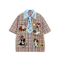 Cat embroidery plaid short sleeved shirt