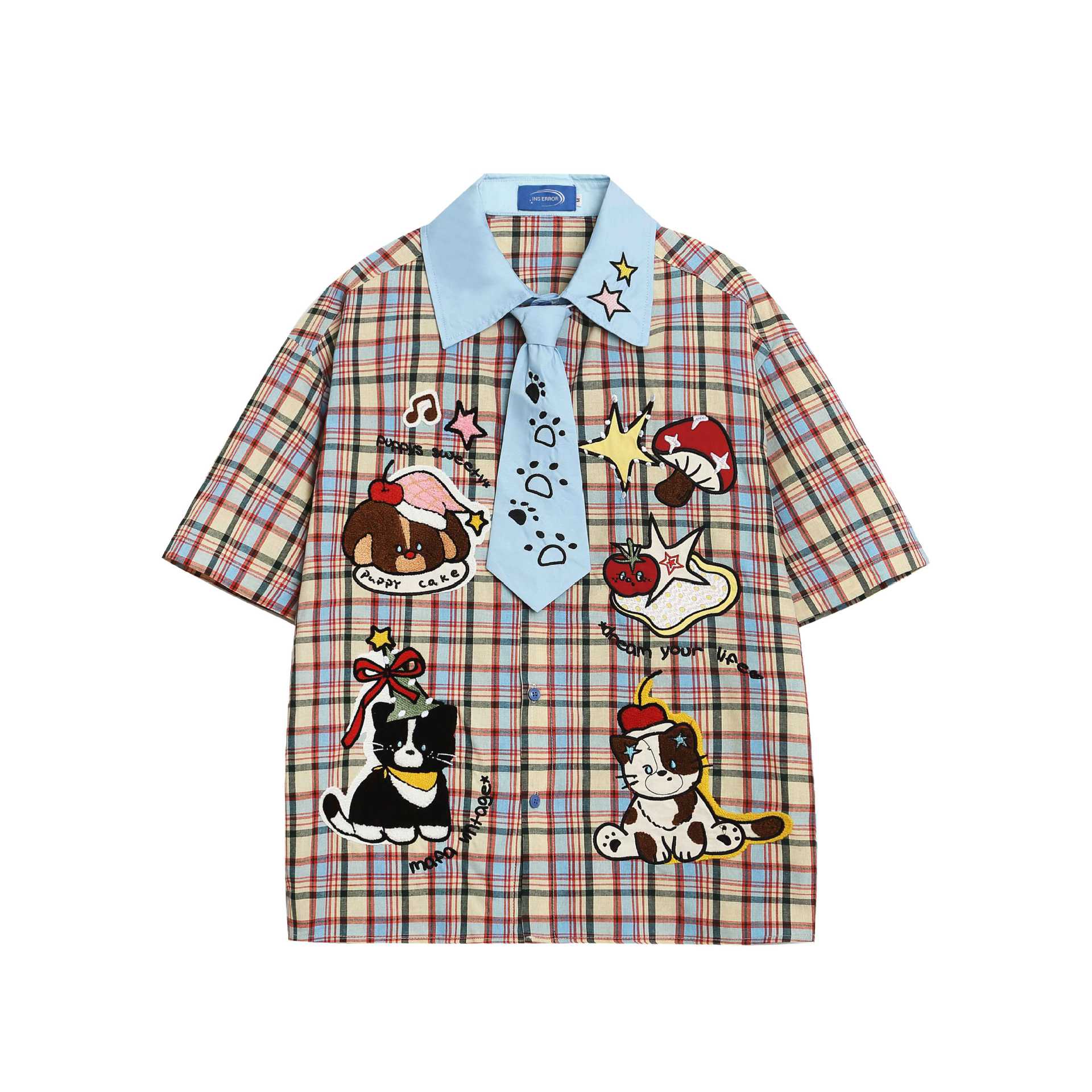Cat embroidery plaid short sleeved shirt