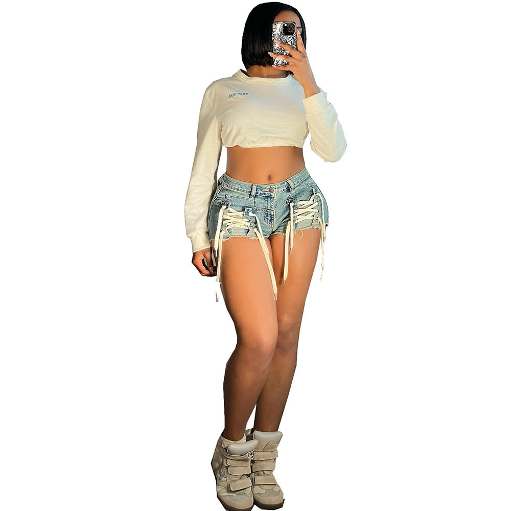High Waist Denim Shorts for Women, Street Style Fashion, Casual Drawstring Shorts