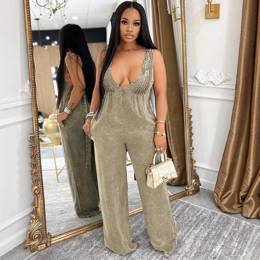 Women's Denim Jumpsuit - Solid Color Backless Sleeveless Loose Overall Dress