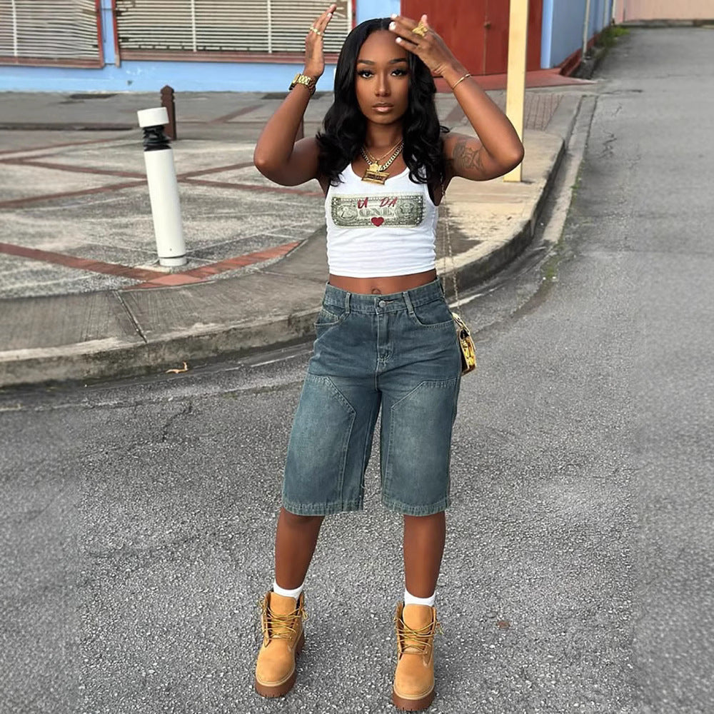 Fashion Women's Casual Denim Pants Summer Vintage Loose Washed Straight Leg Denim Shorts