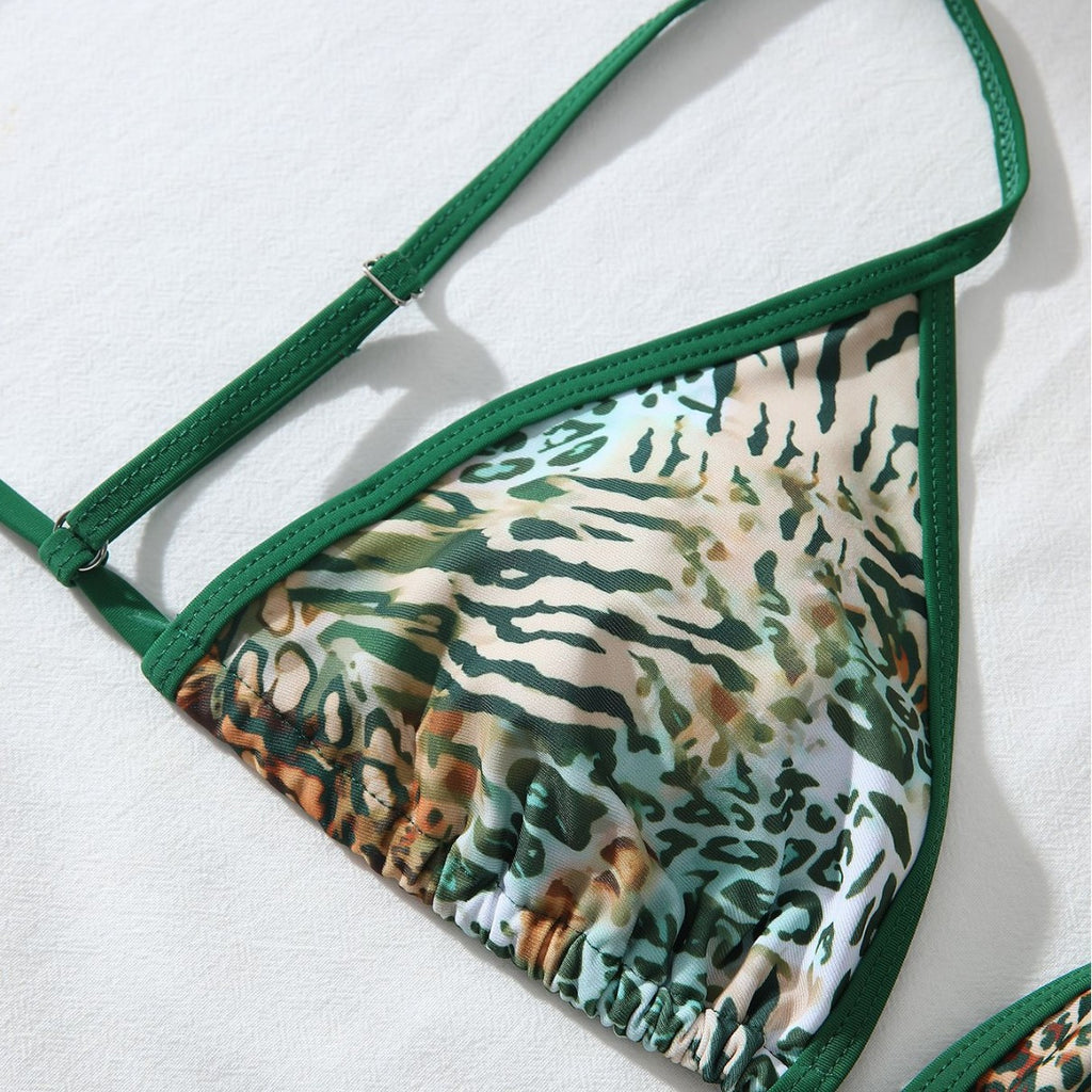 Green leopard print sexy bikini slimming two-piece swimsuit set