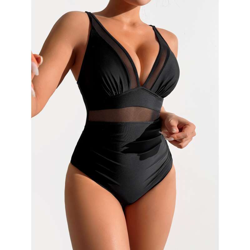 Deep V-mesh splicing one-piece swimsuit