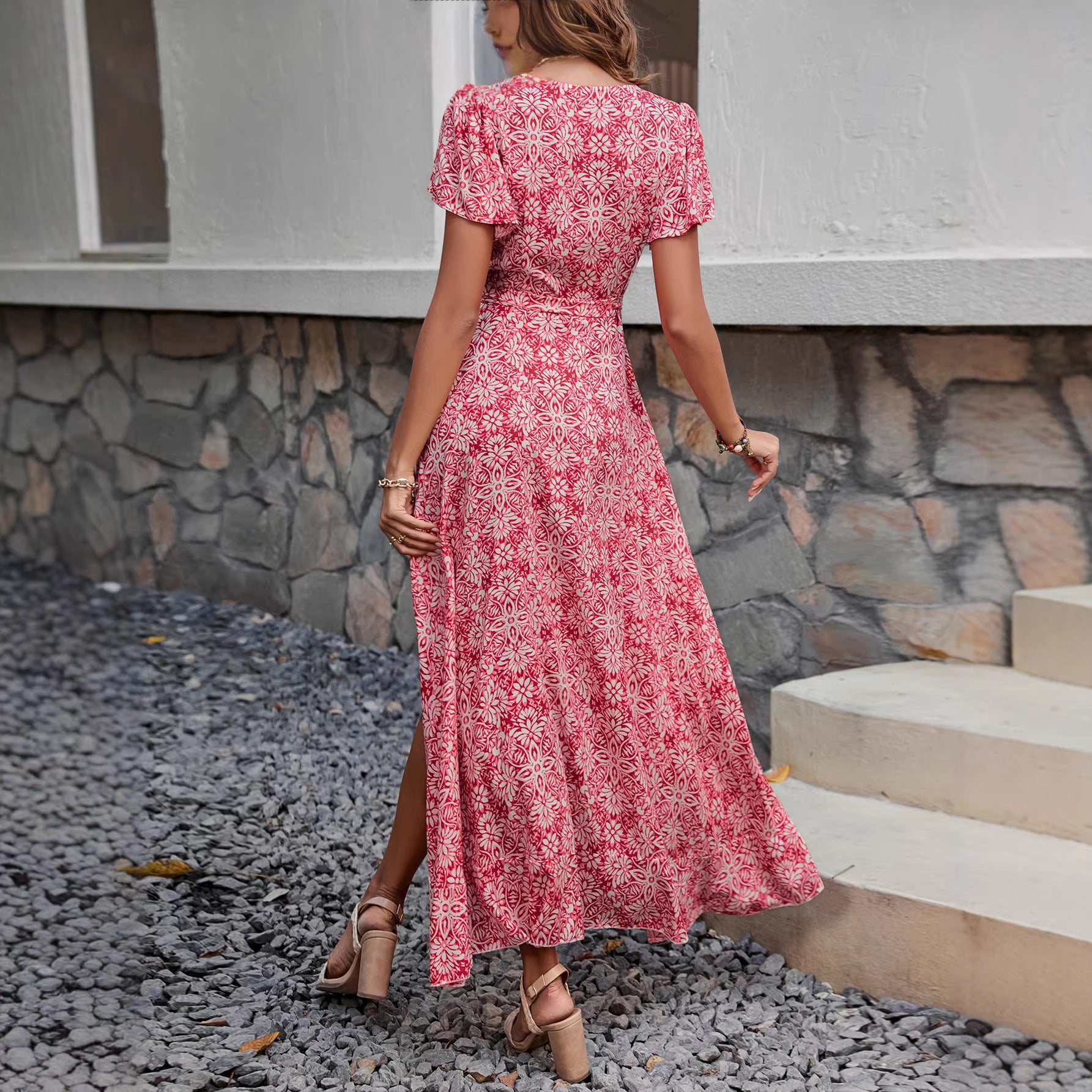 V-neck short sleeved irregular floral dress