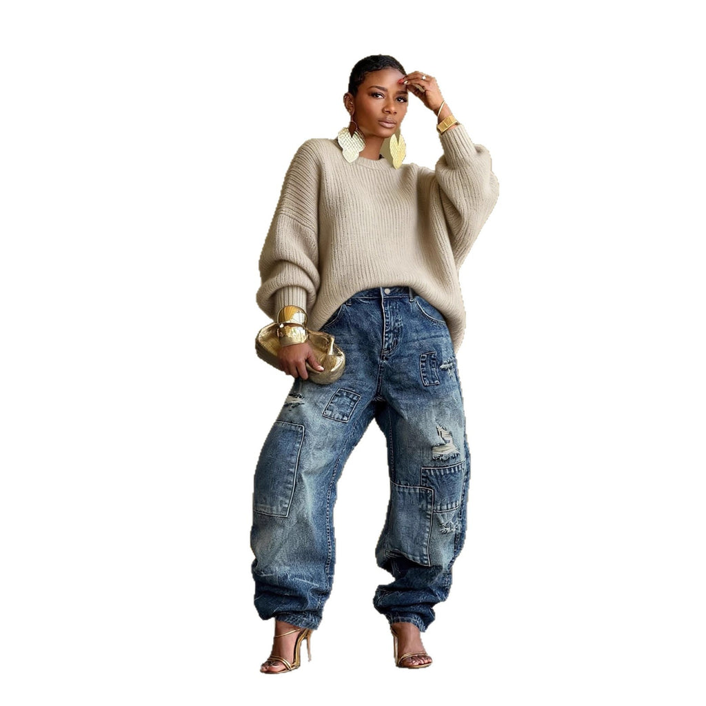 Ripped Patchwork Washed Denim Pants Men Fashion Streetwear Casual Style Straight Leg Jeans
