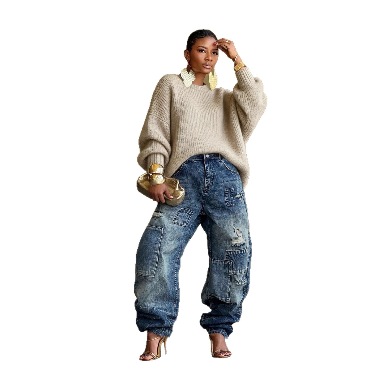 Ripped Patchwork Washed Denim Pants Men Fashion Streetwear Casual Style Straight Leg Jeans