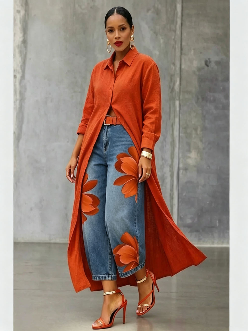 Women's Floral Denim Pants Street Style Printed Design Cropped Jeans