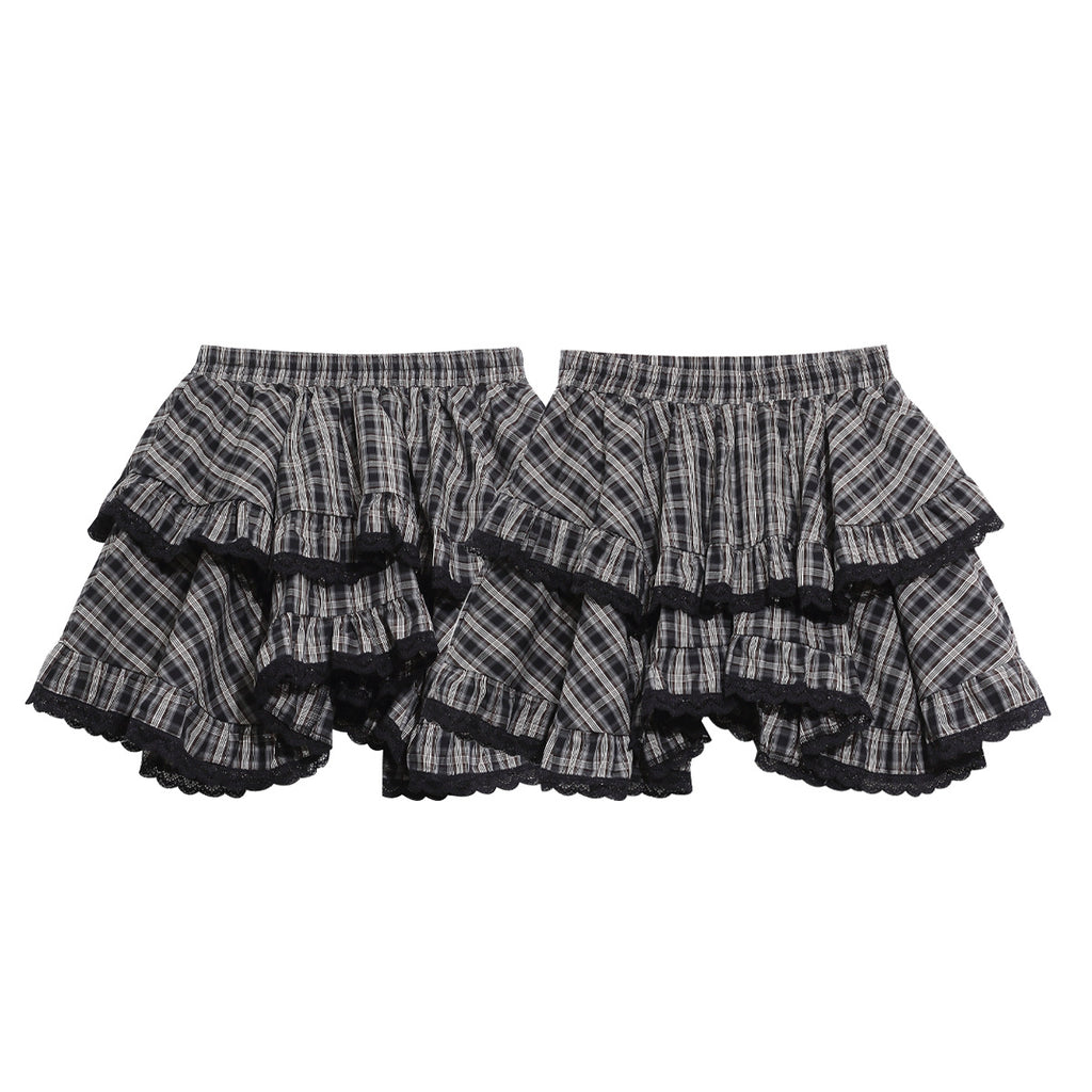 Heavy Black Lace Patchwork Plaid Skirt, Layered Ruffle Versatile Mini Skirt