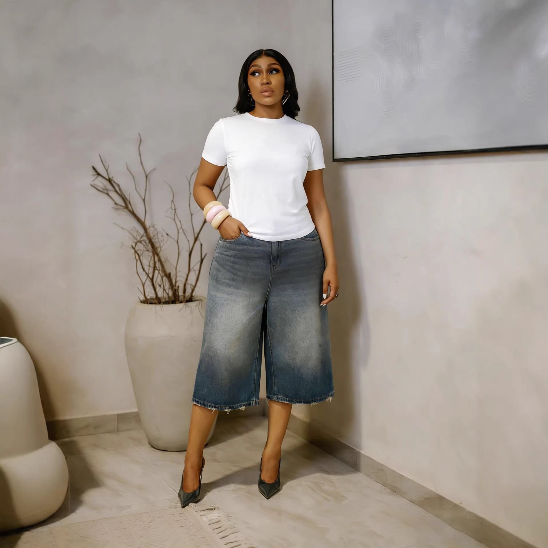 Casual Minimalist Wide-Leg Seven-Quarter Denim Pants