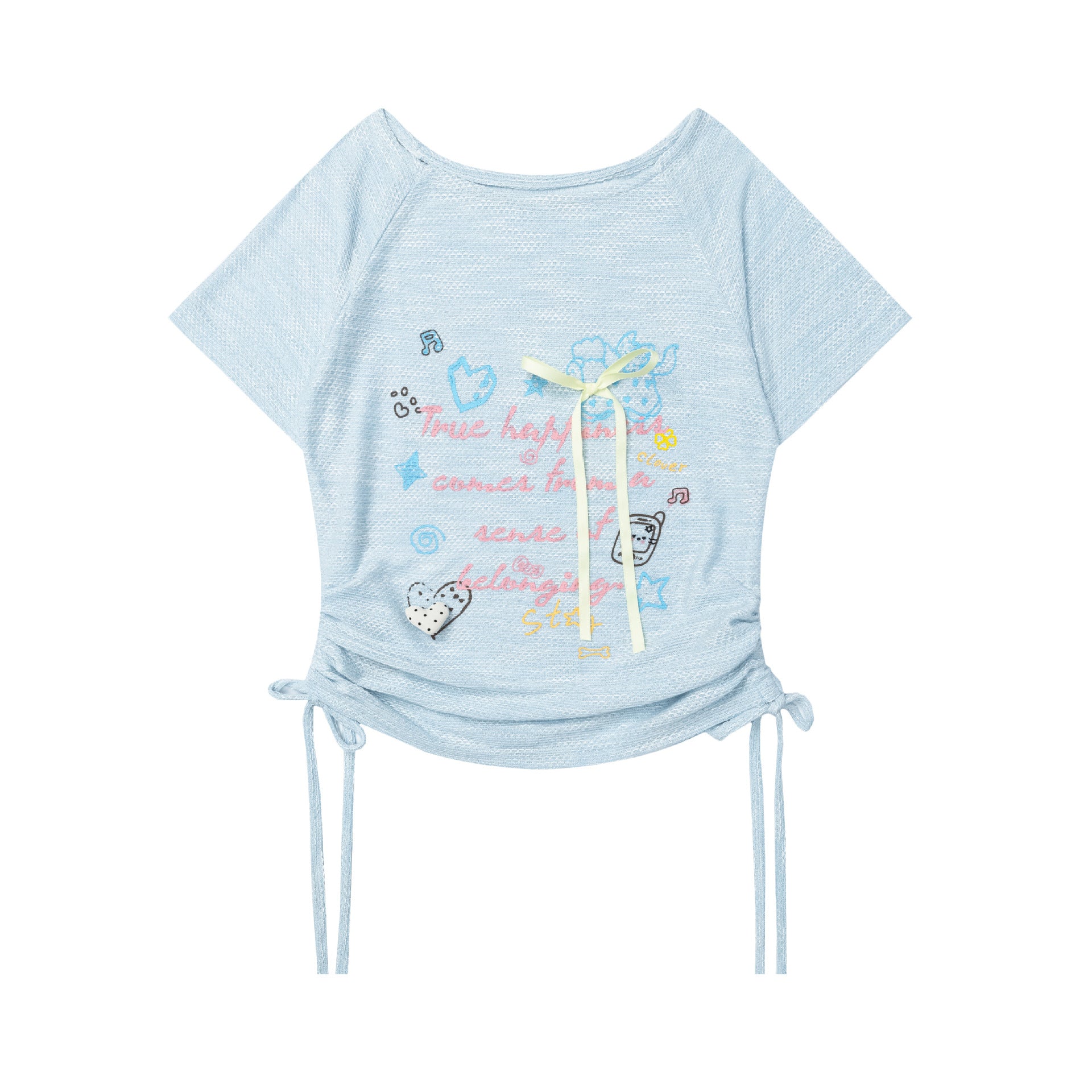 Print Drawstring Short Sleeve T-Shirt for Women, Heart Pin Sweet Style Cropped Top