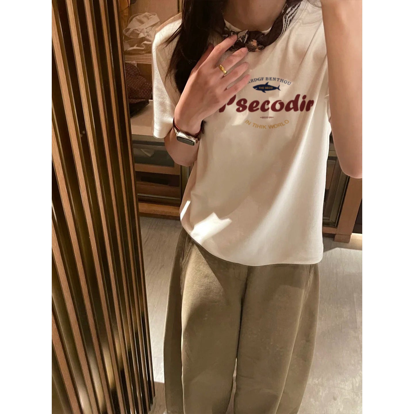 Vintage Color-Blocking Letter Print T-Shirt for Women
