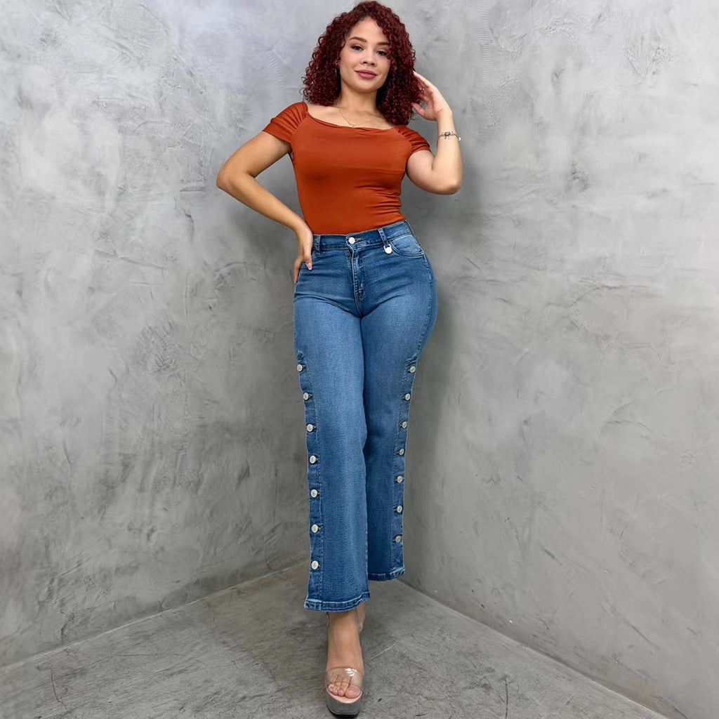 Women's Flared Jeans, Street Fashion Side Button Washed High Waist Casual Pants