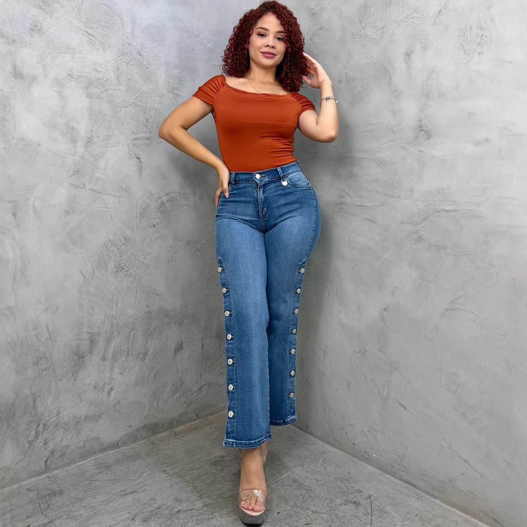 Women's Flared Jeans, Street Fashion Side Button Washed High Waist Casual Pants