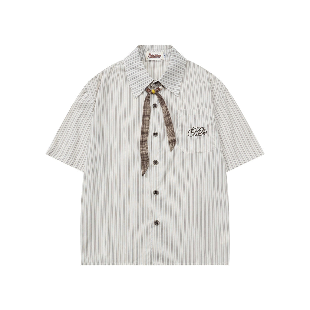 Plaid bow tie embroidered letter short sleeved shirt