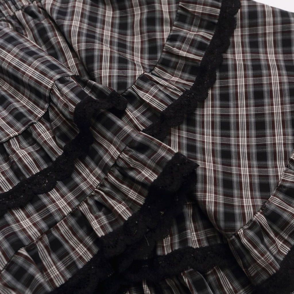 Heavy Black Lace Patchwork Plaid Skirt, Layered Ruffle Versatile Mini Skirt